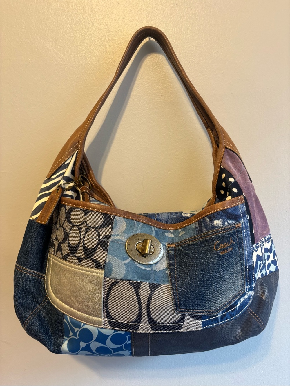 Coach Y2K Blue Denim Patchwork Ergo Slouchy Whimsical Shoulder Hobo Bag XLarge